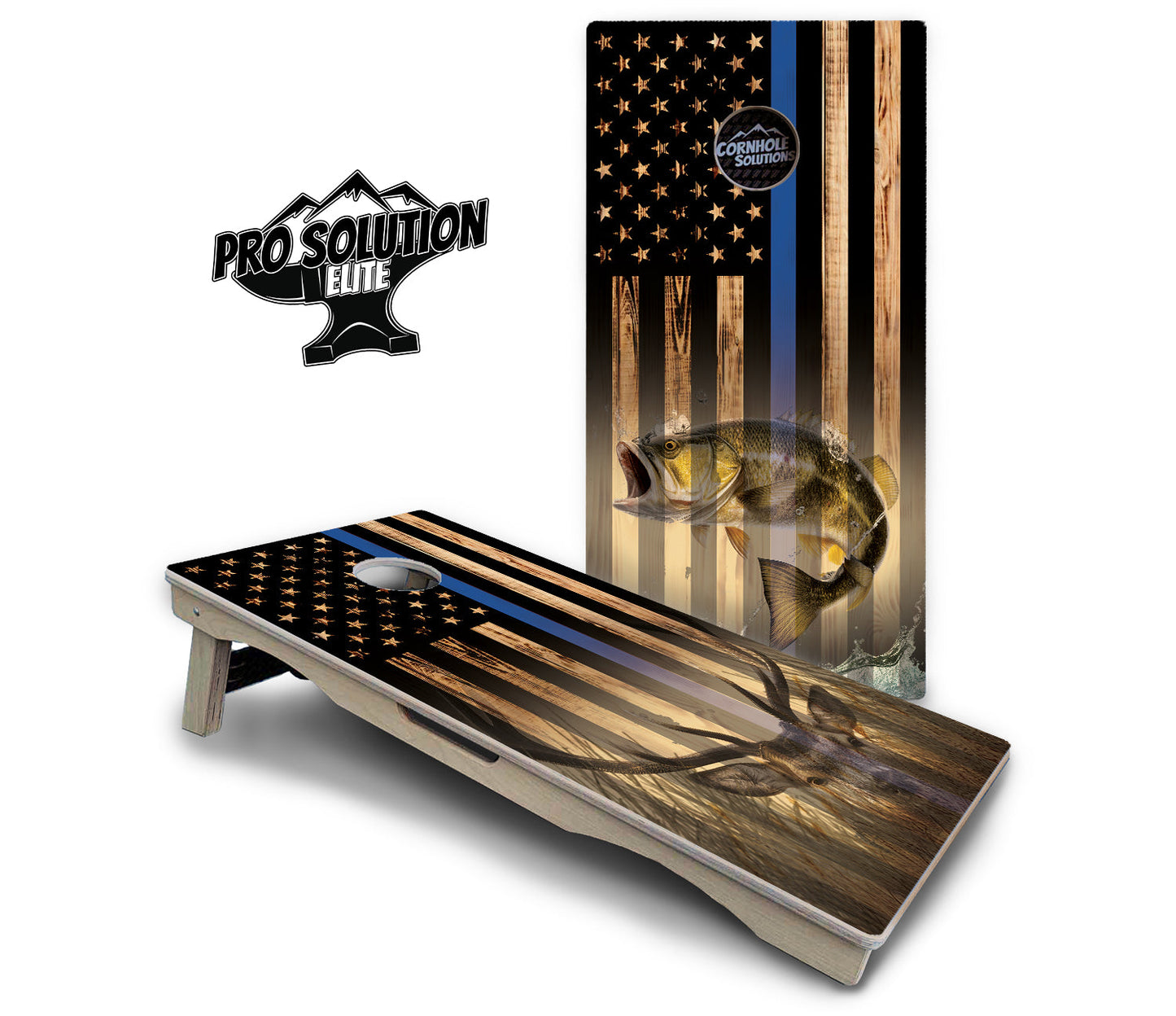 Blue & Red Line Flag Deer & Fish Flag Cornhole Boards - Pro Solution Elite Series