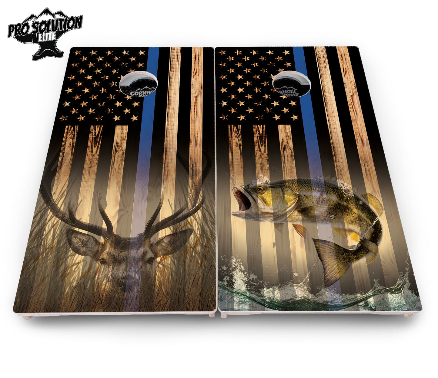 Blue & Red Line Flag Deer & Fish Flag Cornhole Boards - Pro Solution Elite Series