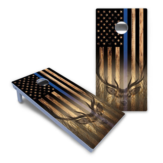 Blue & Red Line Deer & Fish Flag Cornhole Boards - All Weather Series