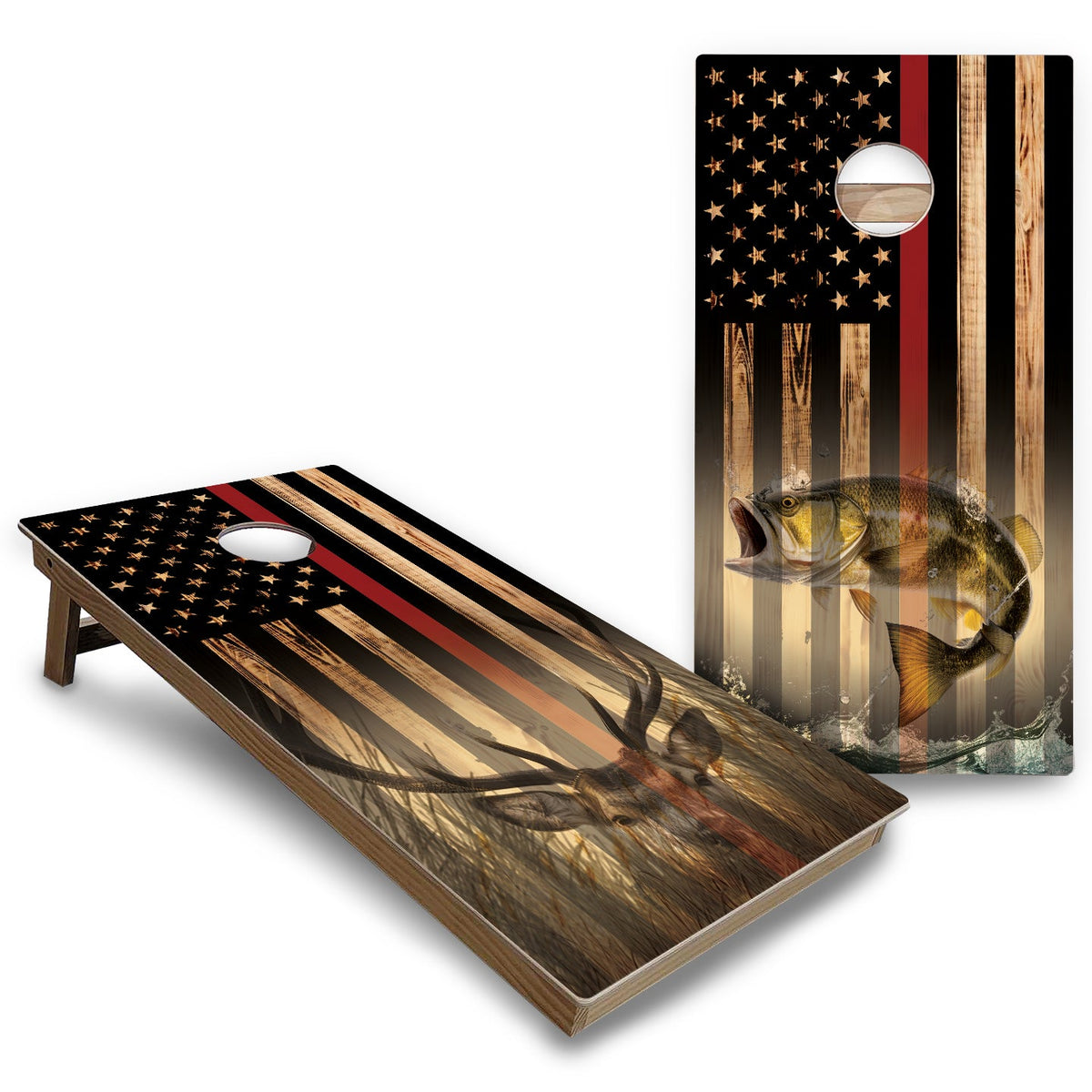 Hidden Deer & Fish Burnt Flag Cornhole Boards - Backyard Series
