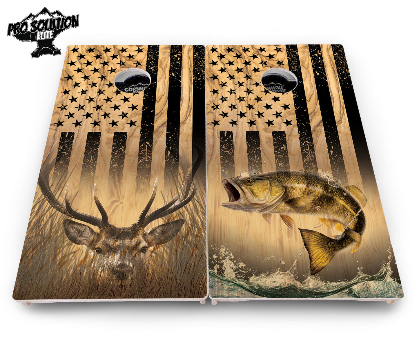 Light Wood Deer & Fish Cornhole Boards - Pro Solution Elite Series