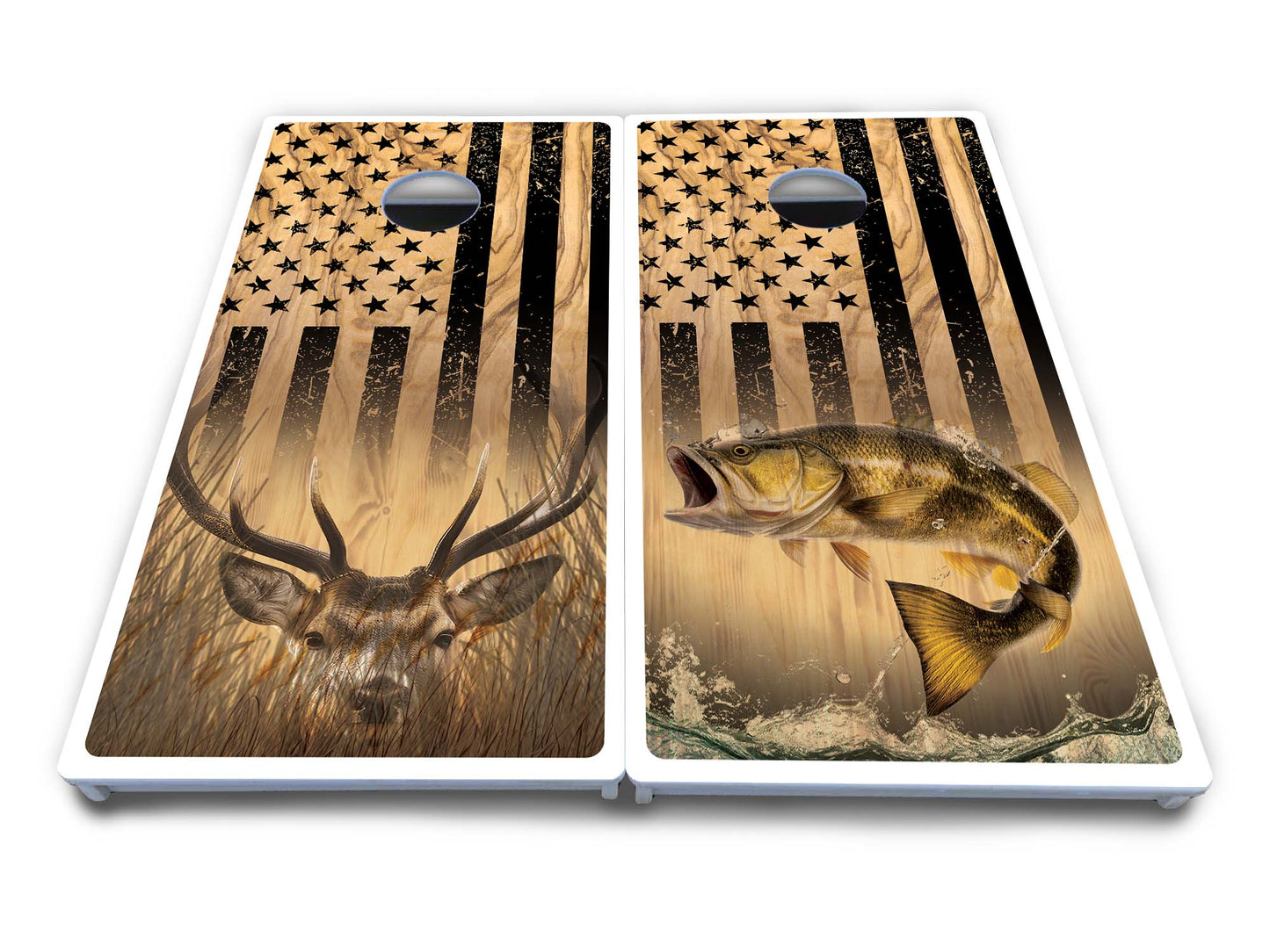 Light Wood Flag Deer & Fish Cornhole Boards - All Weather Series