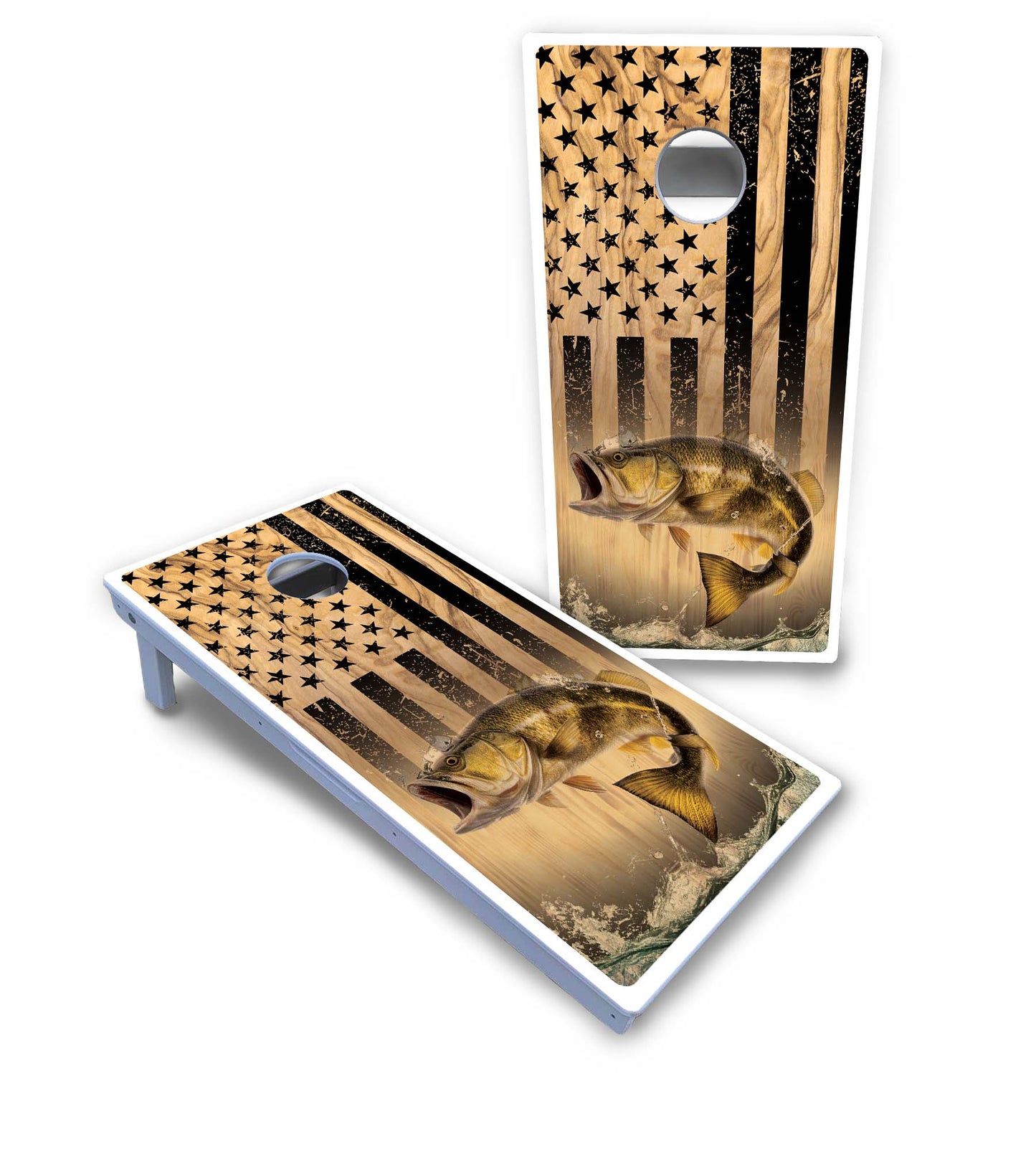 Light Wood Flag Deer & Fish Cornhole Boards - All Weather Series