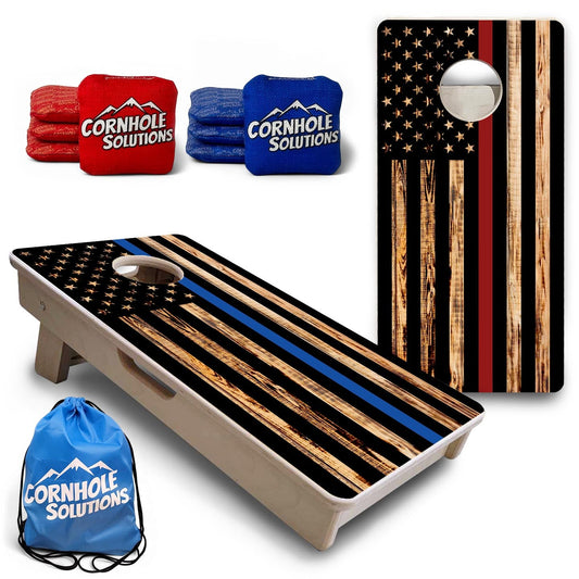 Blue & Red Line Burnt Flag - Mini or Vacation Size Cornhole Boards