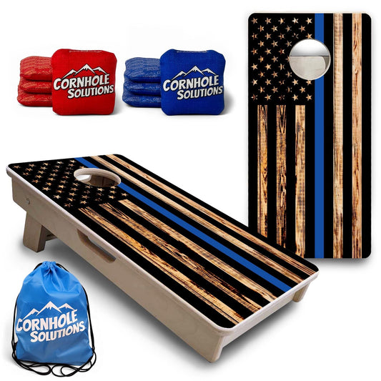 Blue Line Burnt Flag - Mini or Vacation Size Cornhole Boards