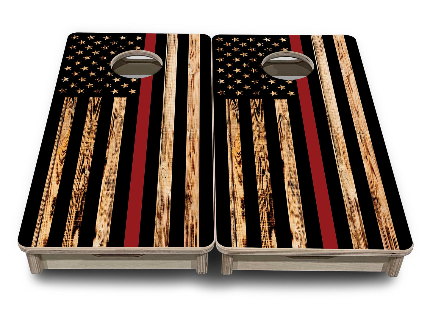 Blue & Red Line Burnt Flag - Mini or Vacation Size Cornhole Boards