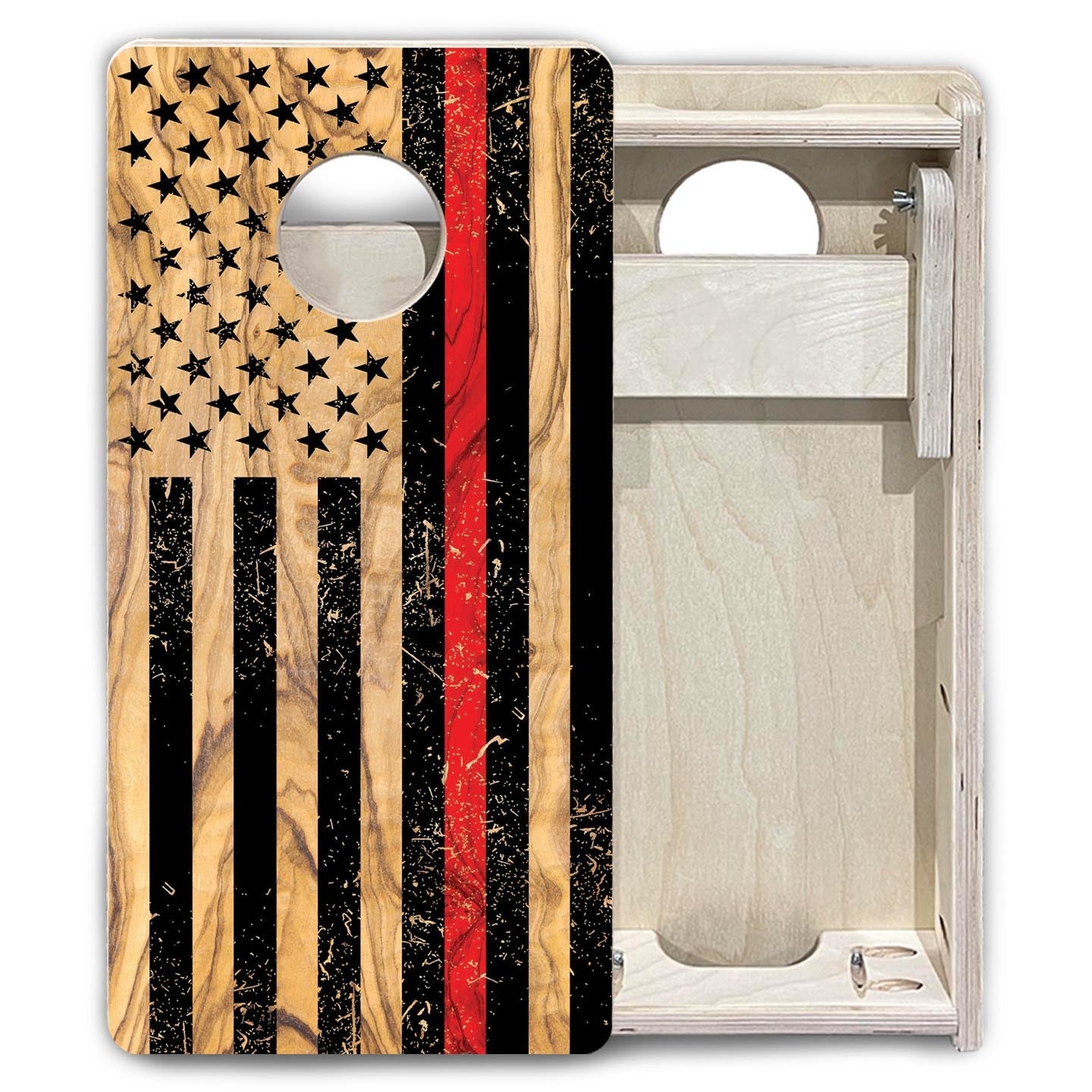 Light Wood Blue & Red Line Flag - Mini or Vacation Size Cornhole Boards