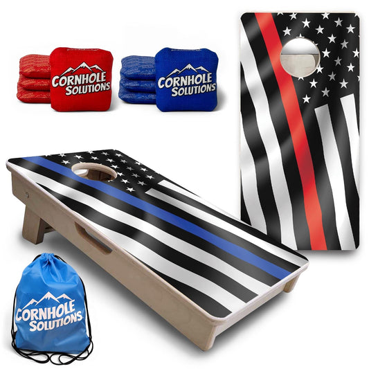 B&W Blue & Red Line Wavy Flag - Mini or Vacation Size Cornhole Boards
