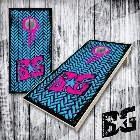 BG Cornhole Boards - Blue and Pink Herringbone