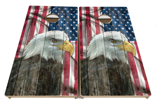 Quick Ship Cornhole Boards - Faded Flag and Eagle Design