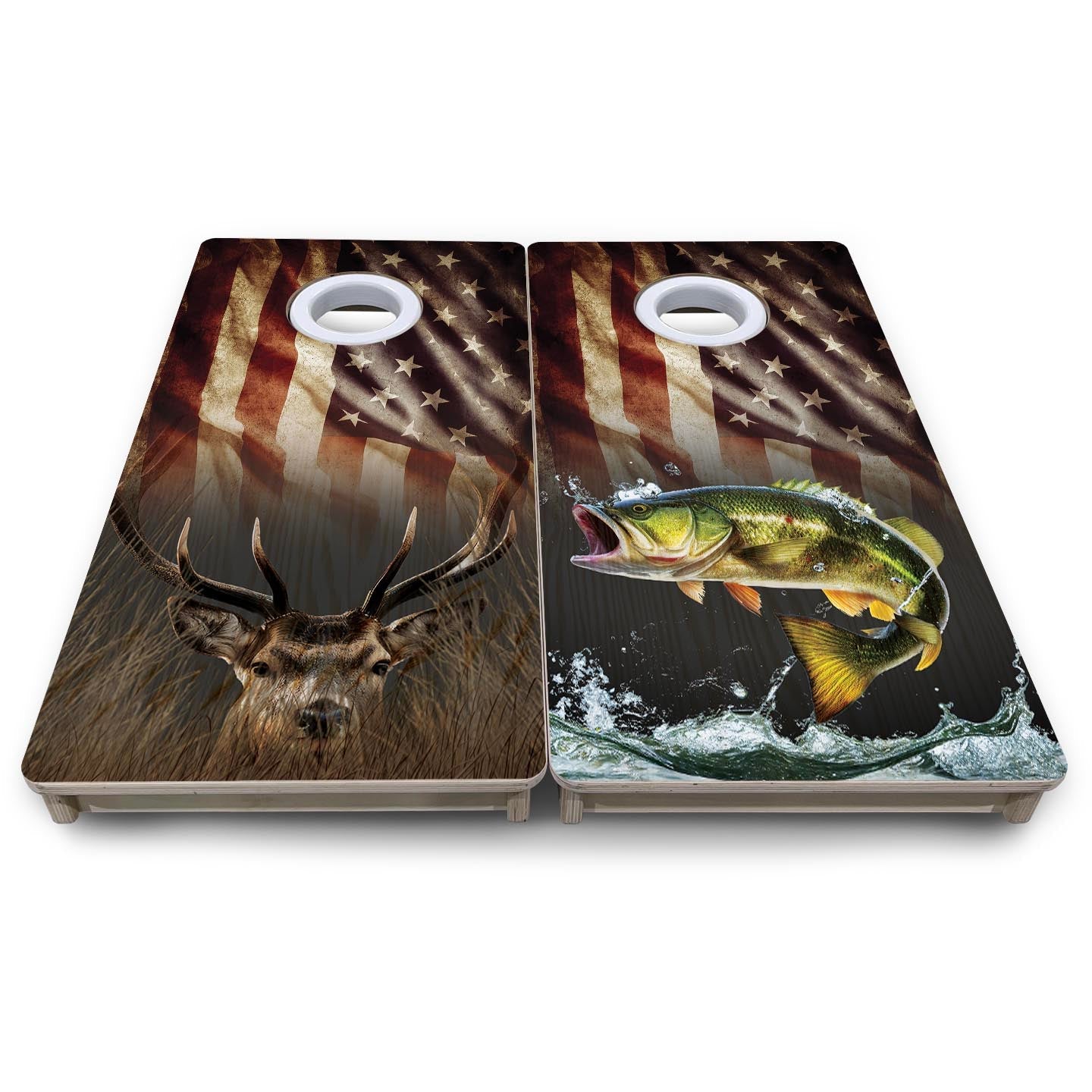 Rustic Wavy Deer & Fish Flag - Mini or Vacation Size Cornhole Boards
