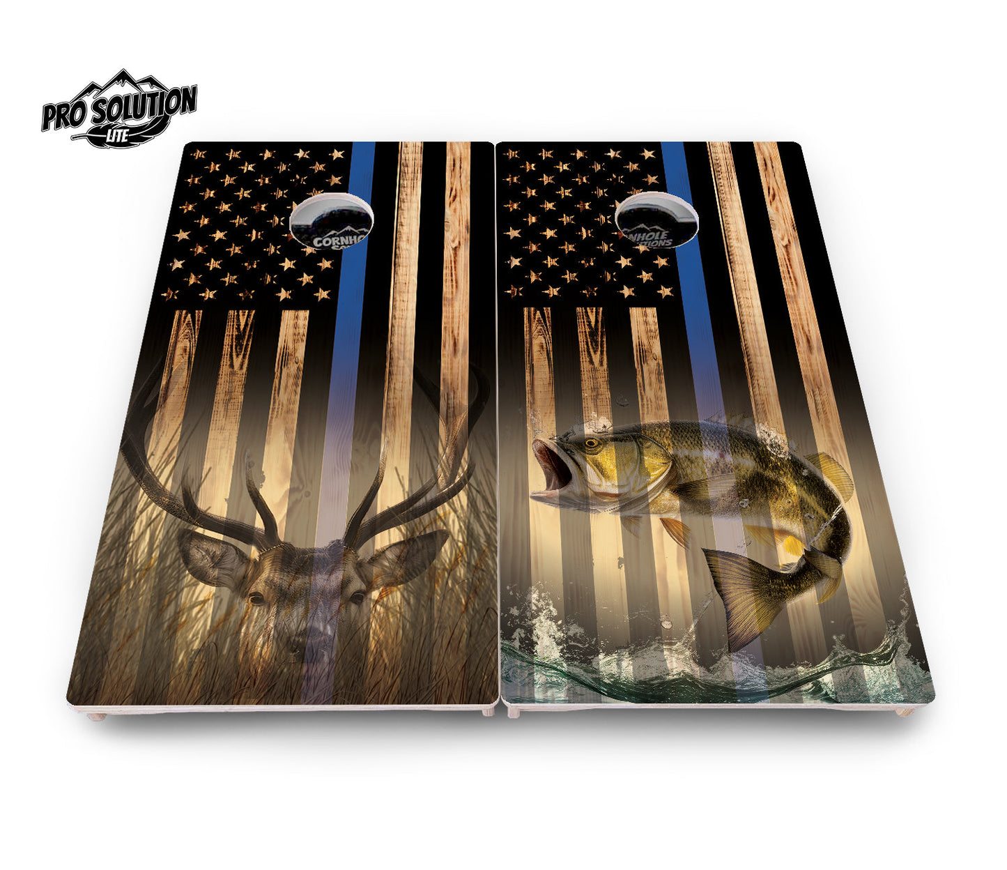Blue & Red Line Deer & Fish Flag Cornhole Boards - Pro Solution Lite Series