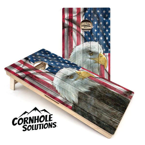Quick Ship Cornhole Boards - Faded Flag and Eagle Design