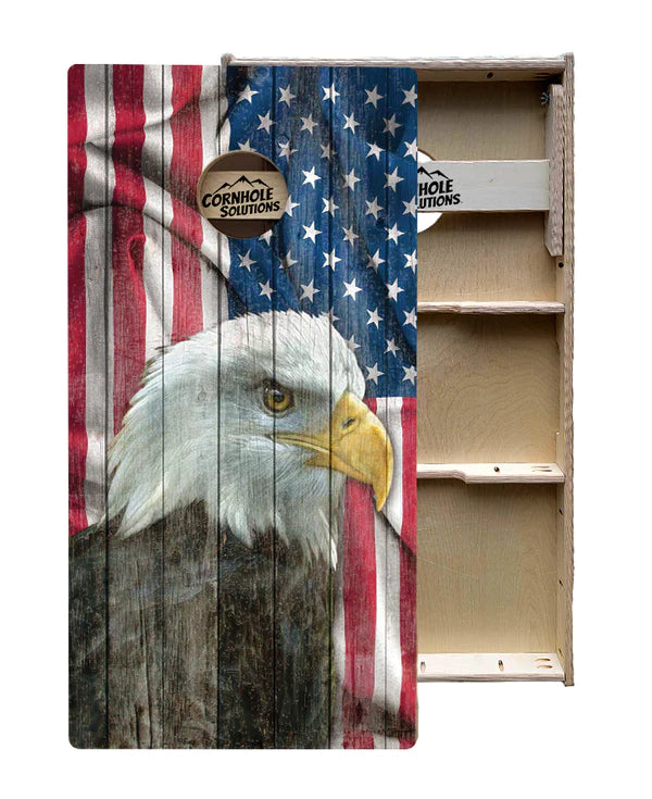 Quick Ship Cornhole Boards - Faded Flag and Eagle Design