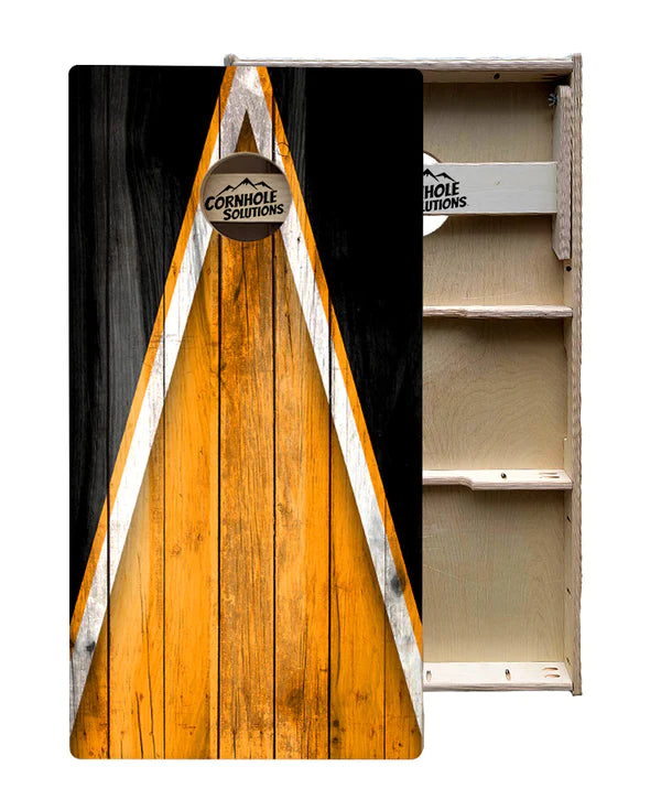 Quick Ship Cornhole Boards - Orange and Black Triangle Design