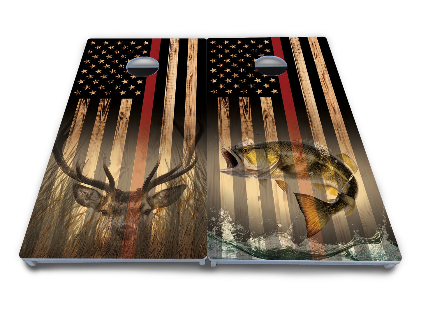 Blue & Red Line Deer & Fish Flag Cornhole Boards - All Weather Series