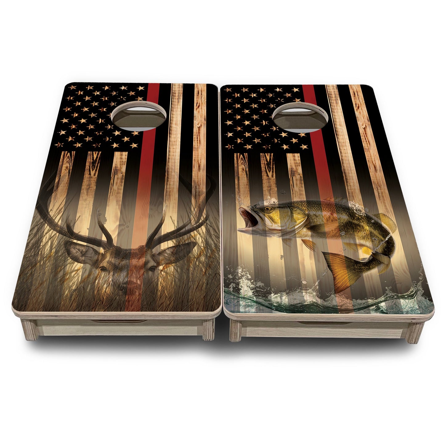 Blue & Red Line Deer & Fish Flag - Mini or Vacation Size Cornhole Boards