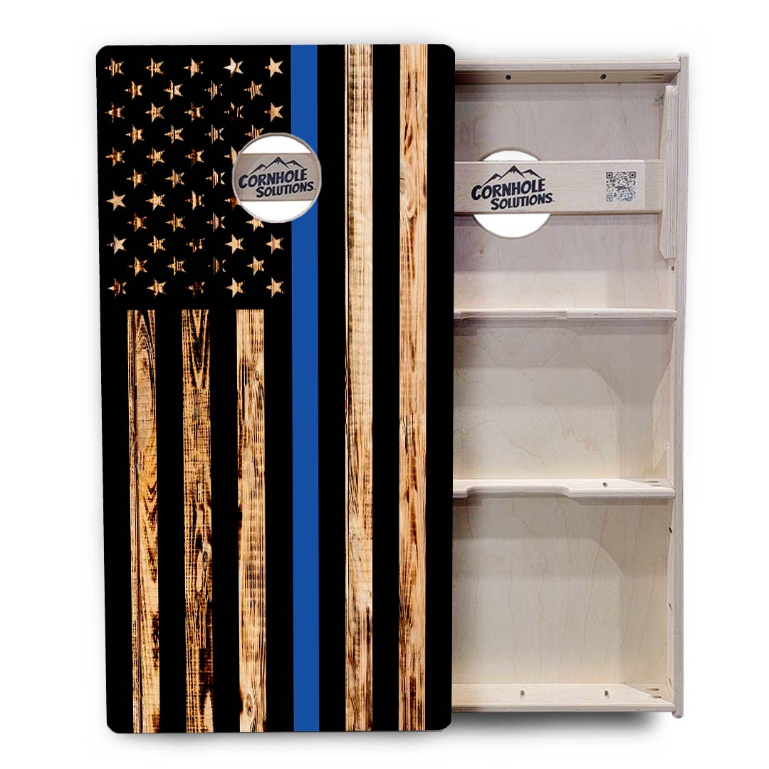 Blue & Red Line Burnt Flag Cornhole Boards - Professional Tournament Series