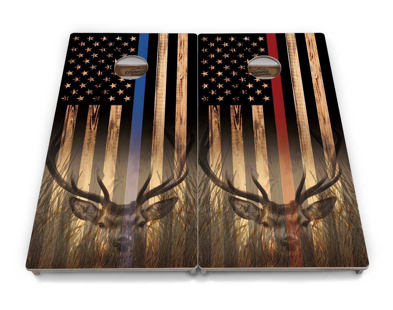 Blue & Red Line Burnt Flag Deer & Fish Cornhole Boards - Professional Tournament Series
