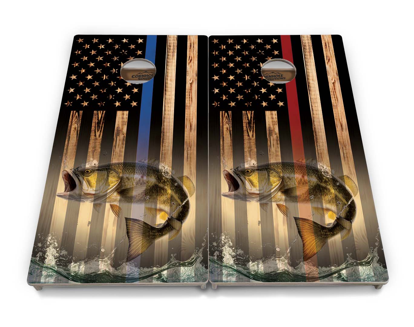 Blue & Red Line Burnt Flag Deer & Fish Cornhole Boards - Professional Tournament Series