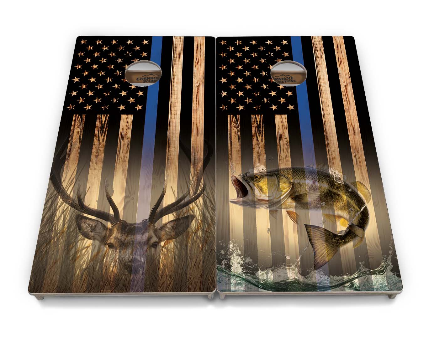 Blue & Red Line Burnt Flag Deer & Fish Cornhole Boards - Professional Tournament Series