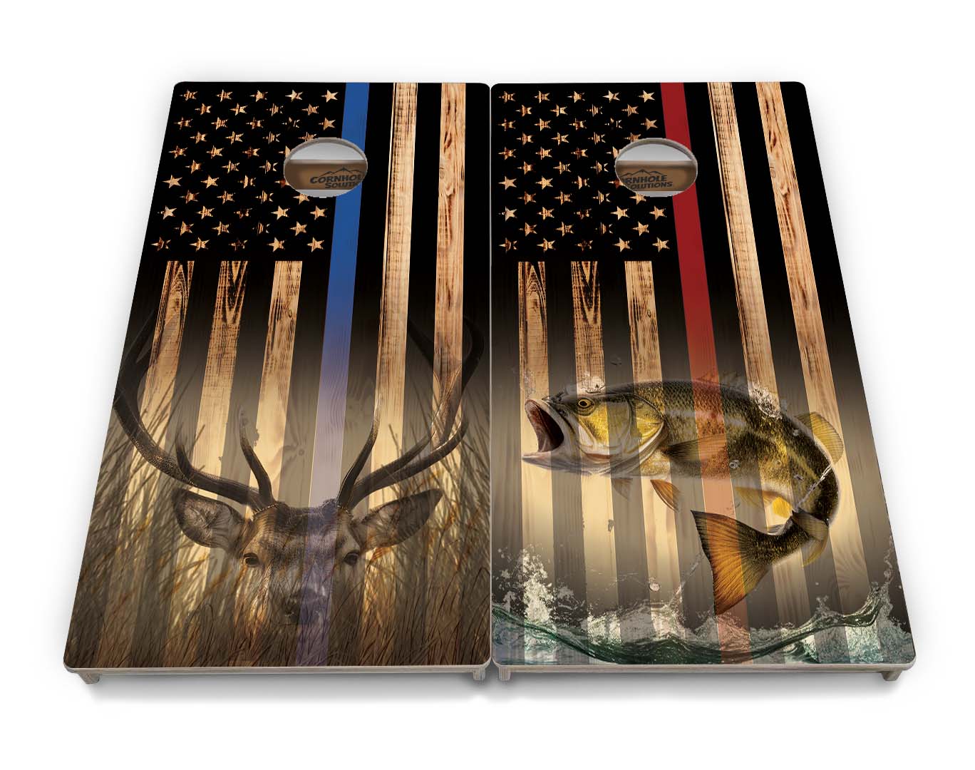 Blue & Red Line Burnt Flag Deer & Fish Cornhole Boards - Professional Tournament Series