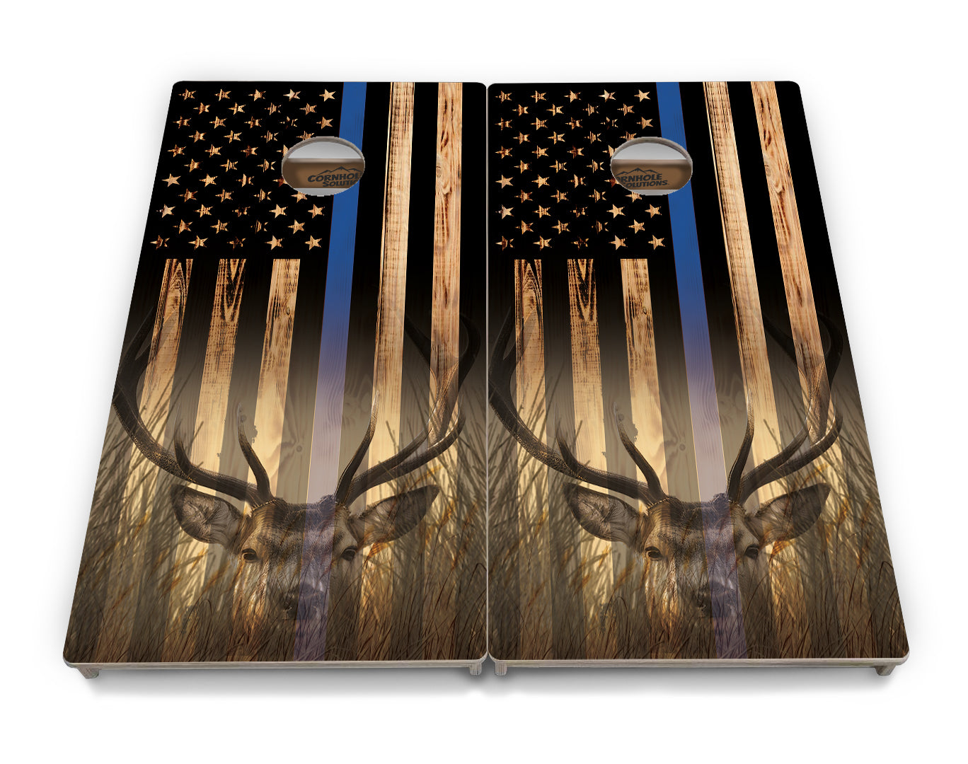 Blue & Red Line Burnt Flag Deer & Fish Cornhole Boards - Professional Tournament Series