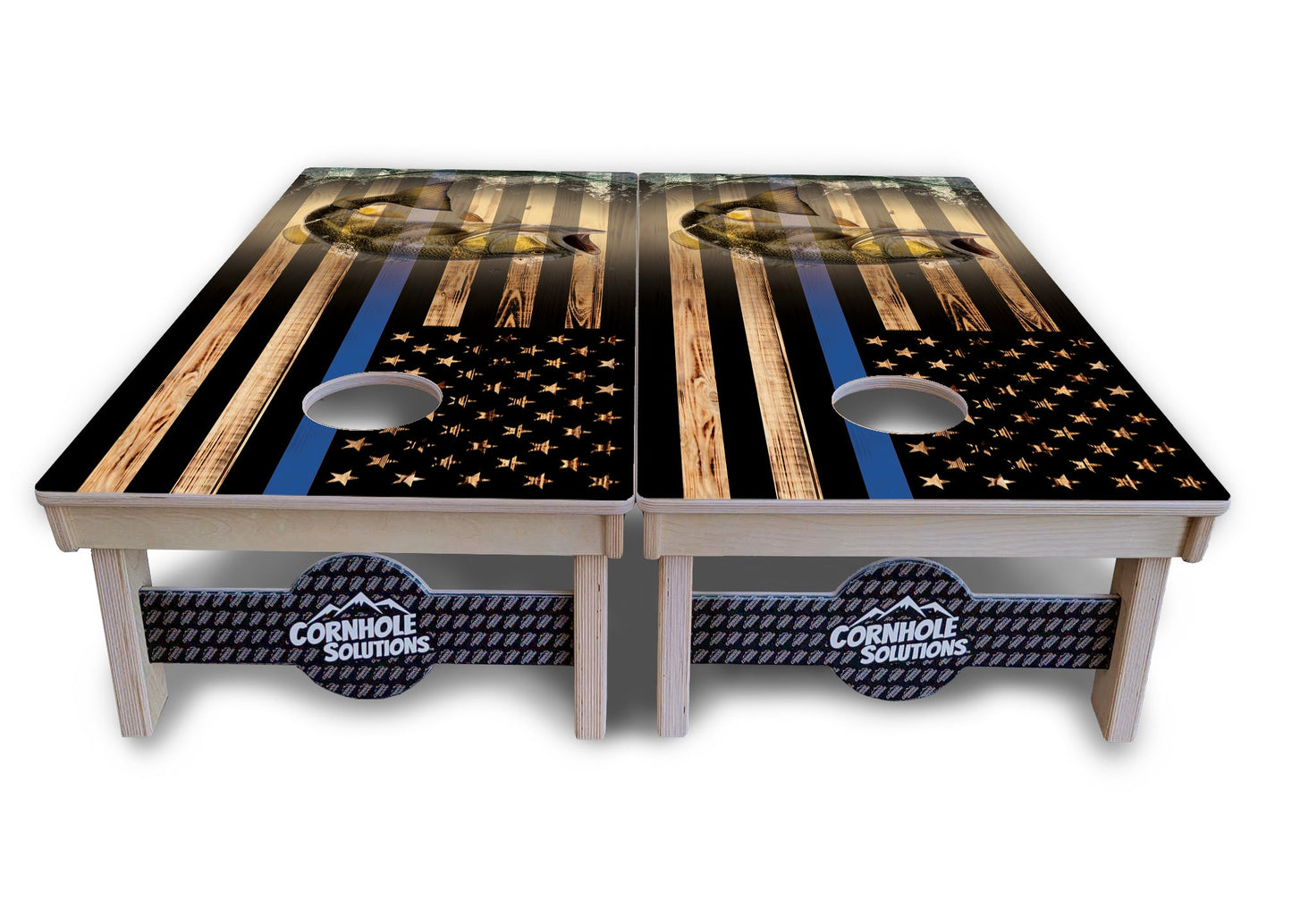 Blue & Red Line Burnt Flag Deer & Fish Cornhole Boards - Professional Tournament Series