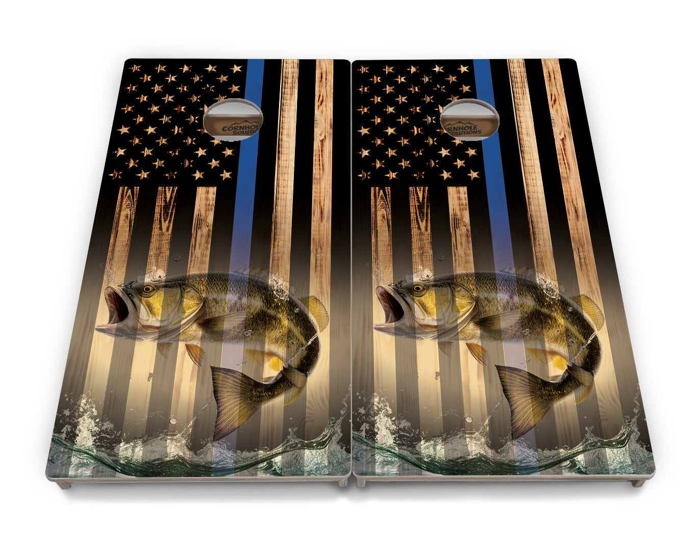 Blue & Red Line Burnt Flag Deer & Fish Cornhole Boards - Professional Tournament Series