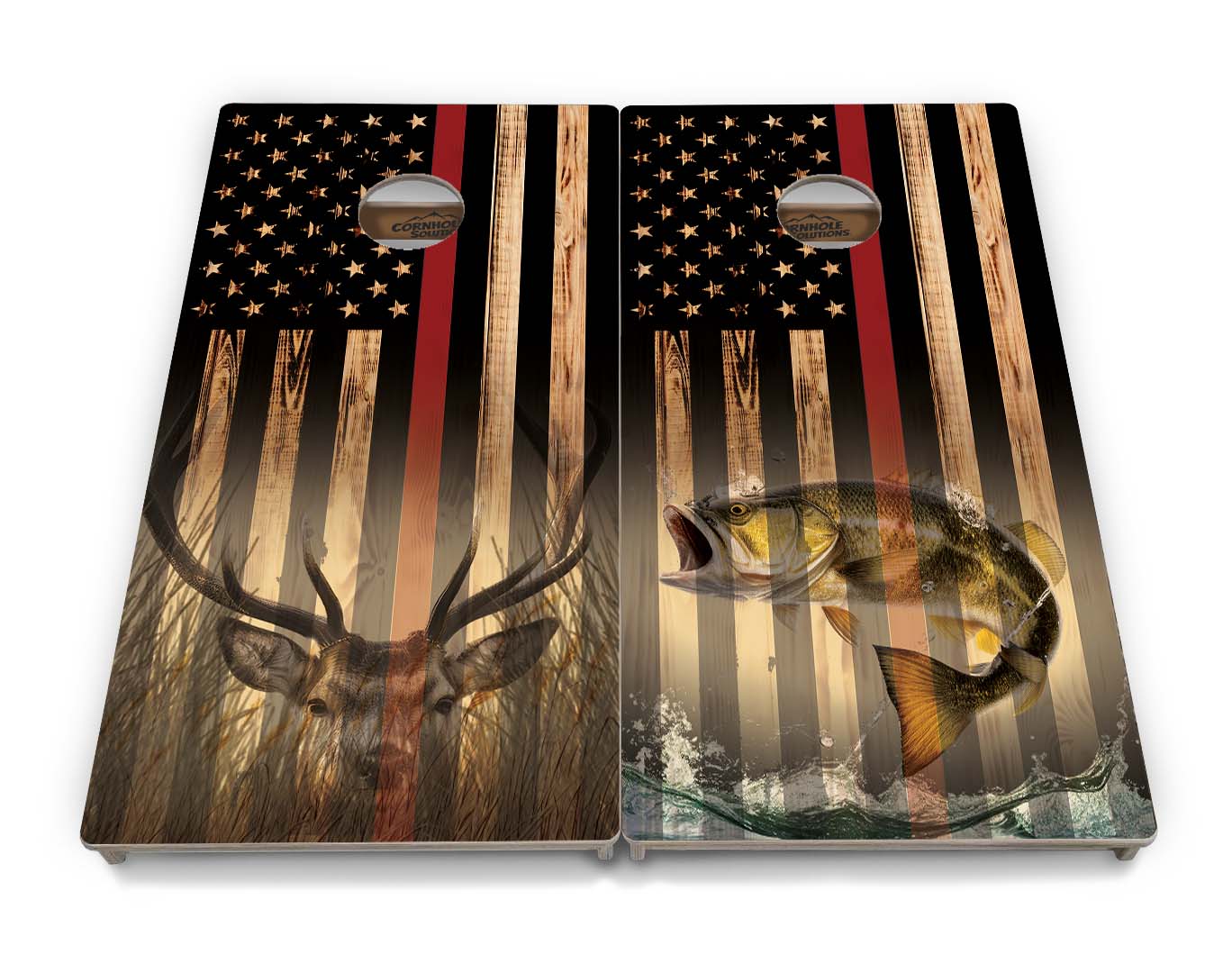 Blue & Red Line Burnt Flag Deer & Fish Cornhole Boards - Professional Tournament Series
