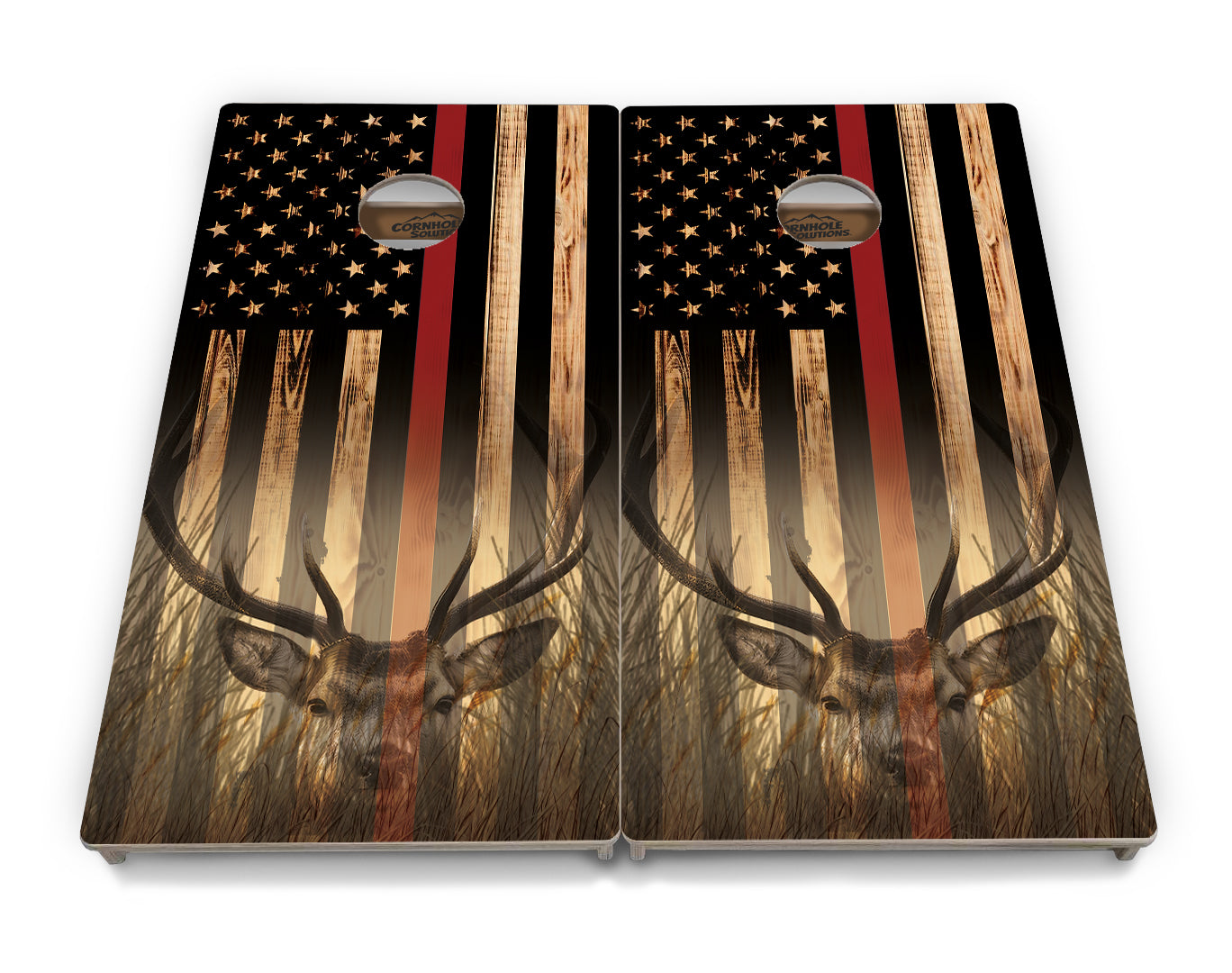 Blue & Red Line Burnt Flag Deer & Fish Cornhole Boards - Professional Tournament Series