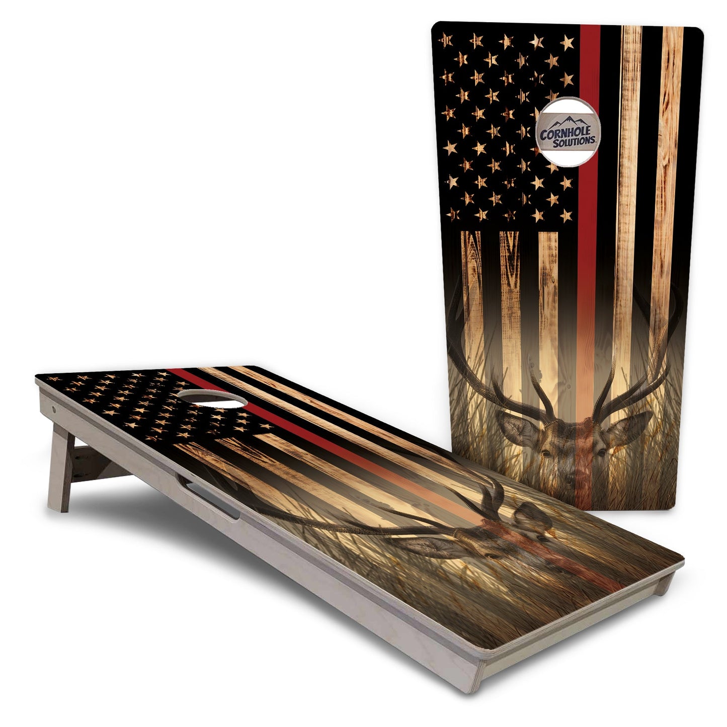 Blue & Red Line Burnt Flag Deer & Fish Cornhole Boards - Professional Tournament Series
