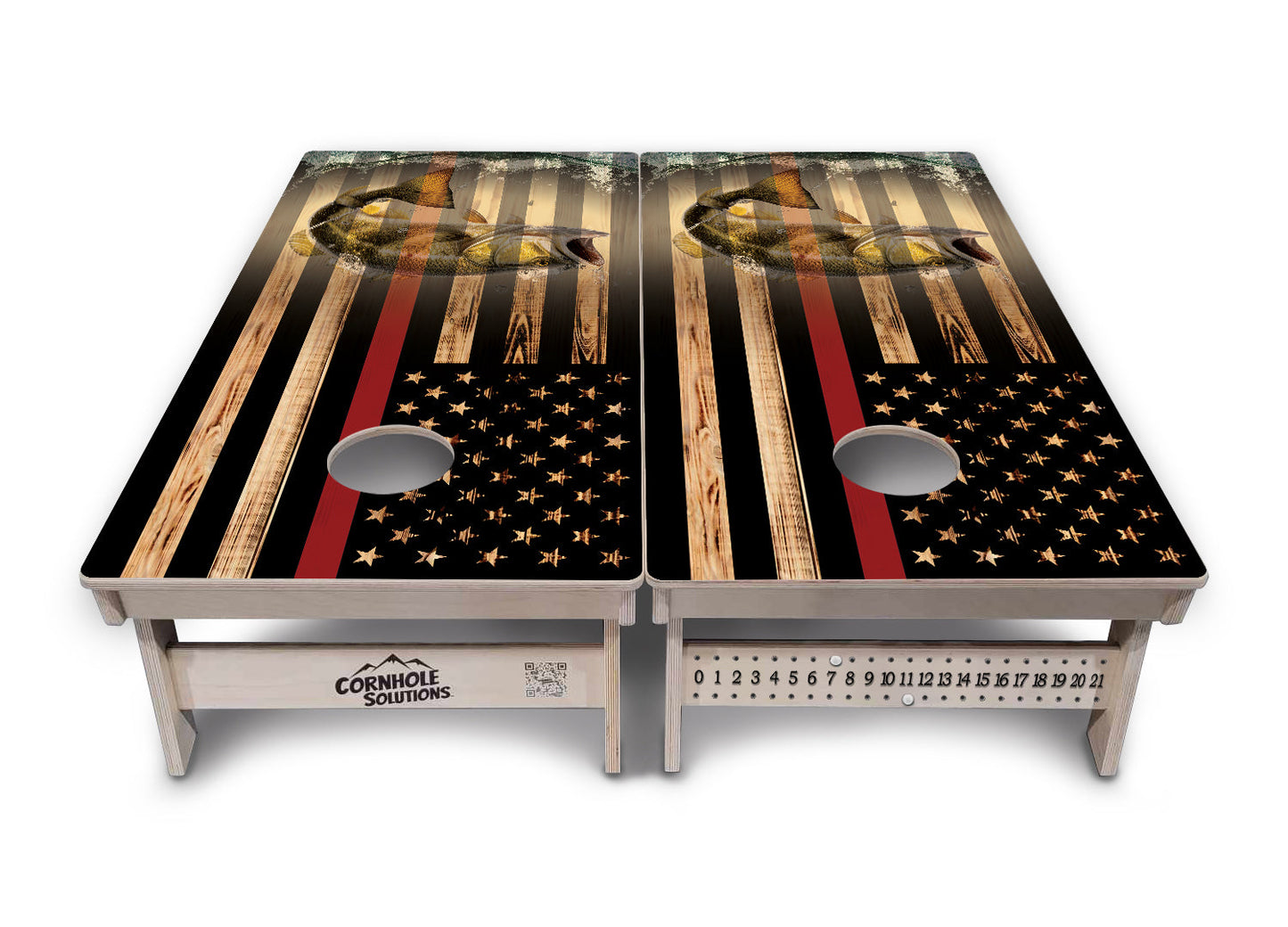 Blue & Red Line Burnt Flag Deer & Fish Cornhole Boards - Professional Tournament Series