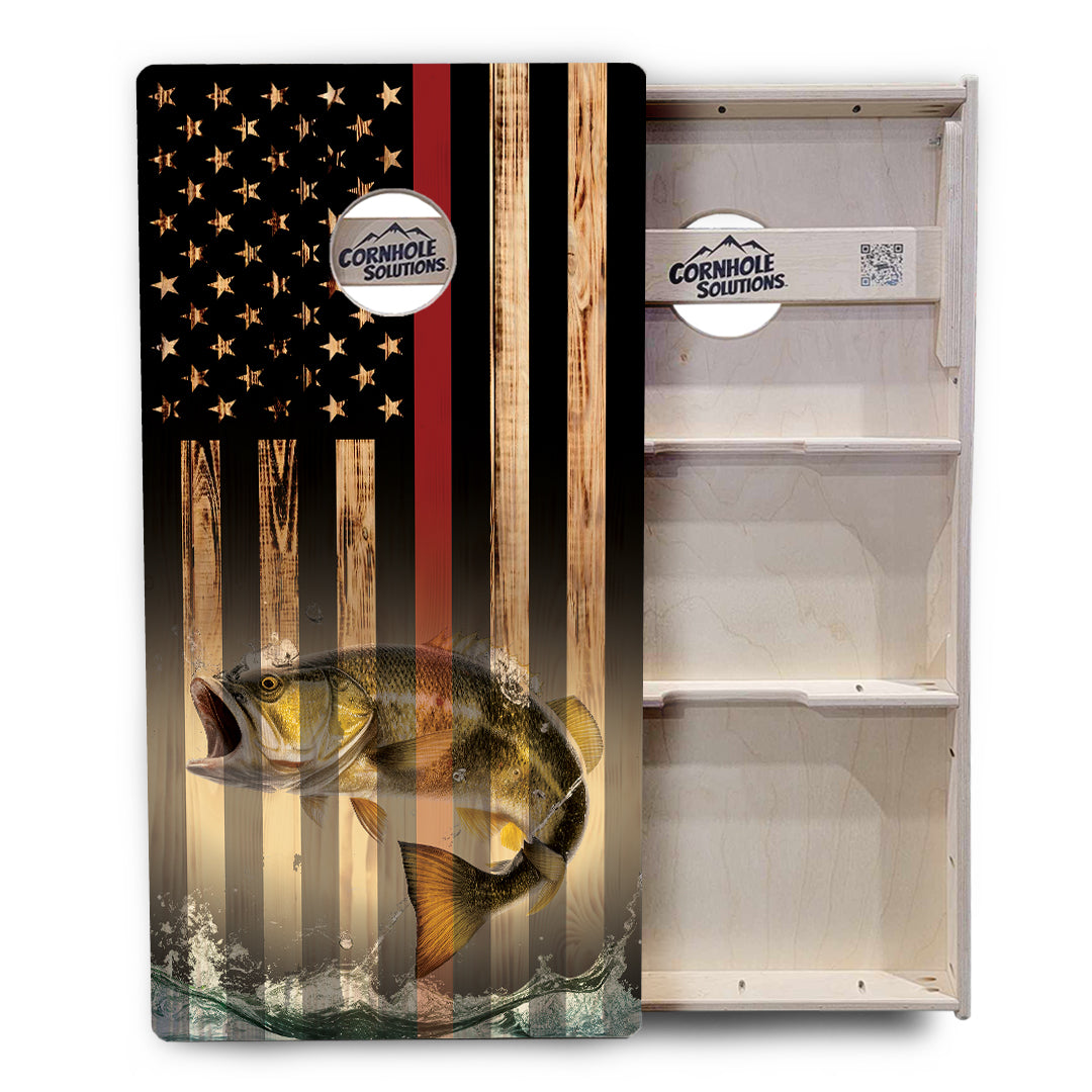 Blue & Red Line Burnt Flag Deer & Fish Cornhole Boards - Professional Tournament Series