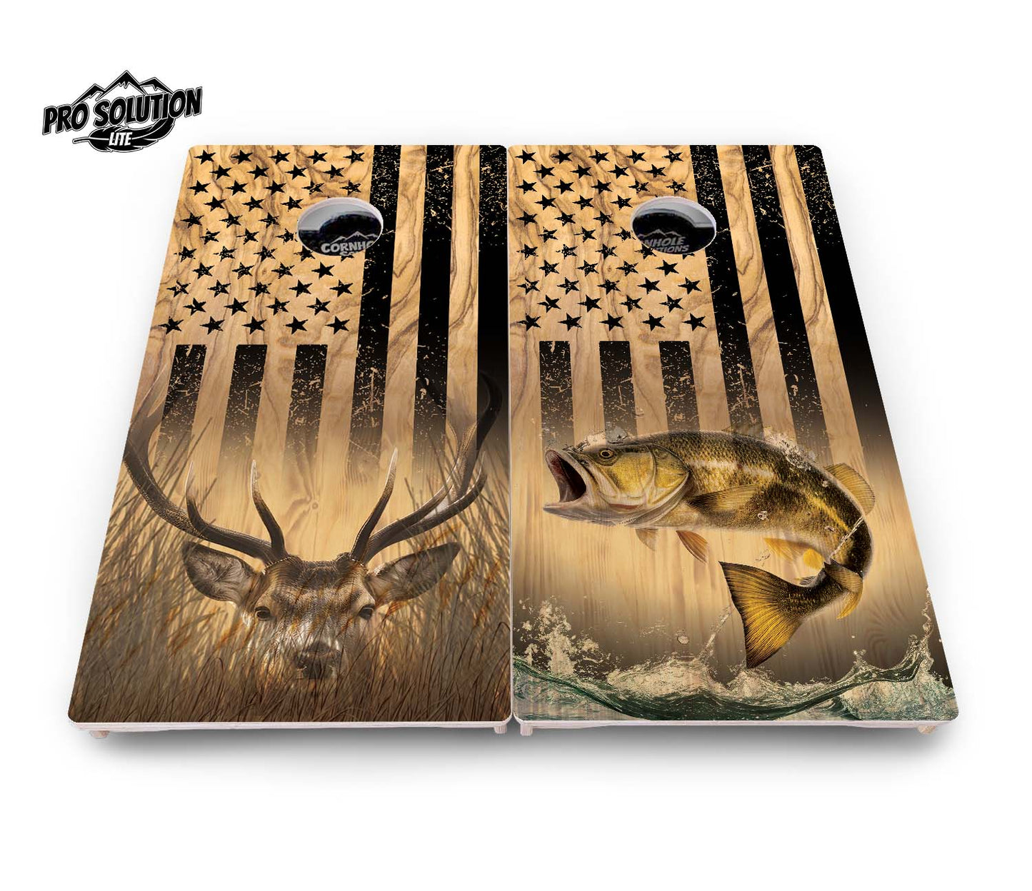 Light Wood Deer & Fish Flag Cornhole Boards - Pro Solution Lite Series