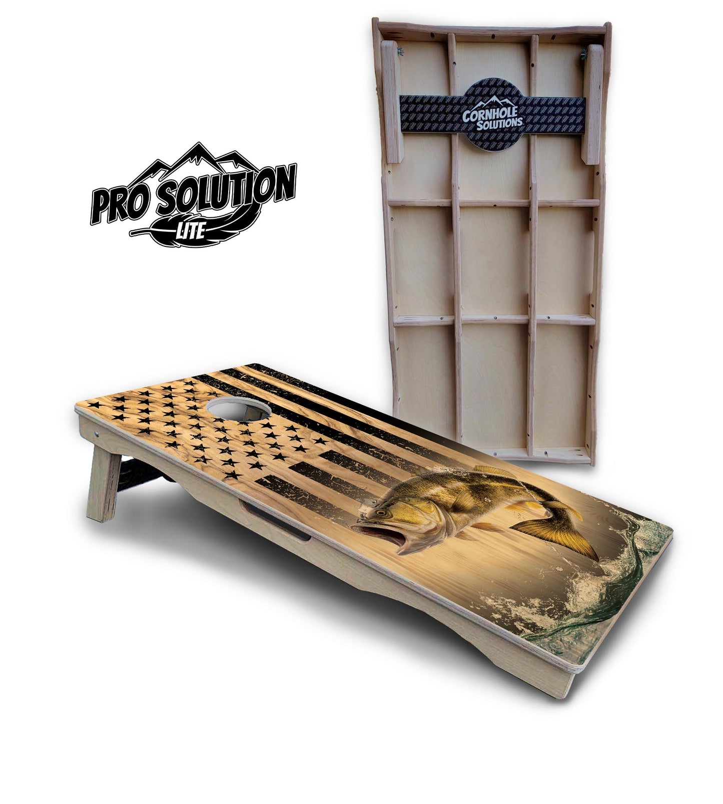 Light Wood Deer & Fish Flag Cornhole Boards - Pro Solution Lite Series