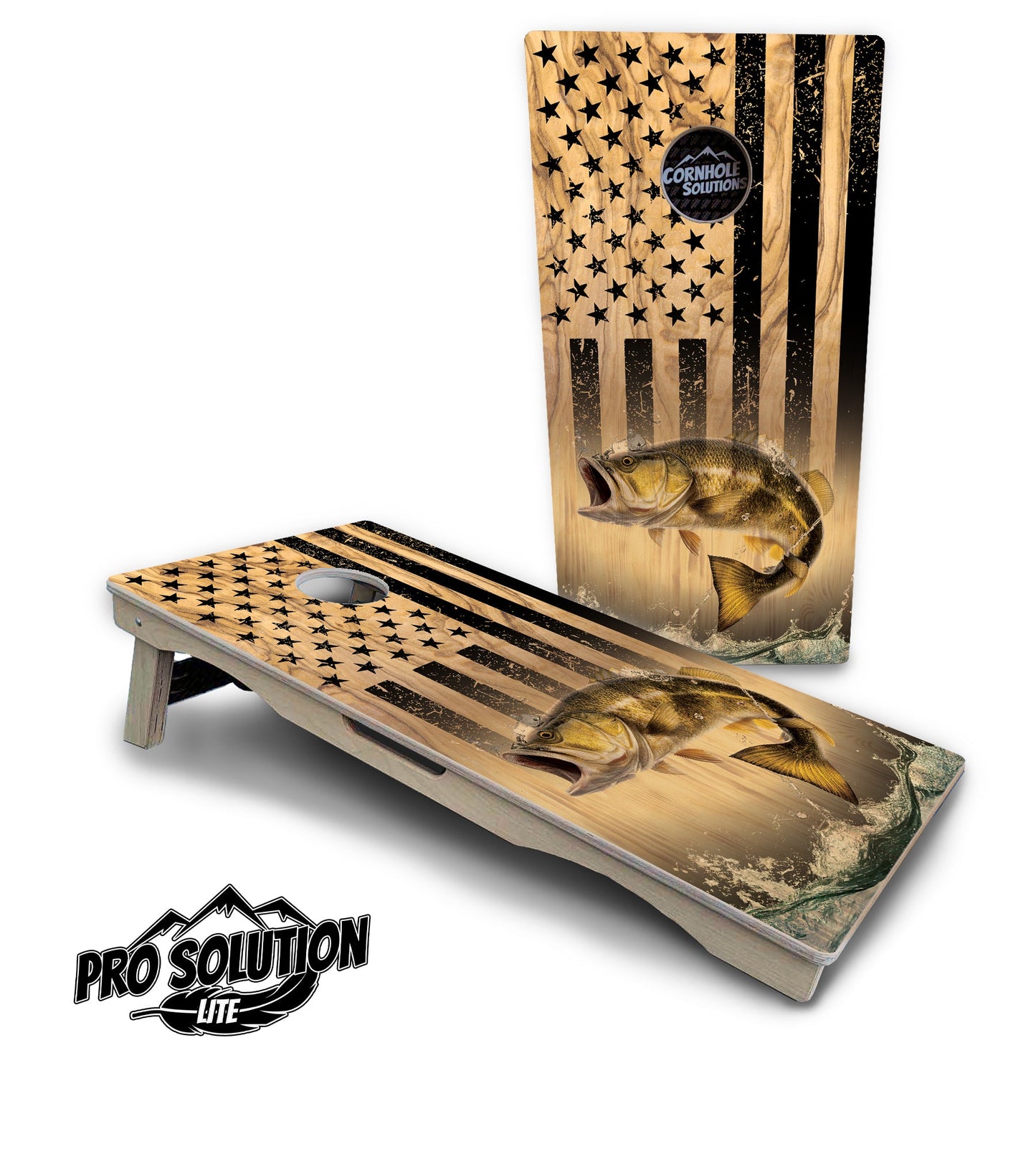 Light Wood Deer & Fish Flag Cornhole Boards - Pro Solution Lite Series
