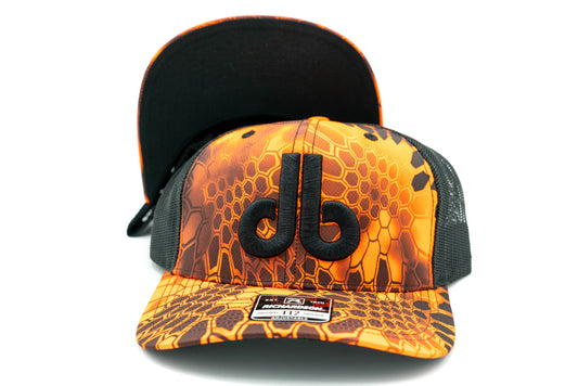 Cornhole Hat - Orange Camouflage and Black Mesh