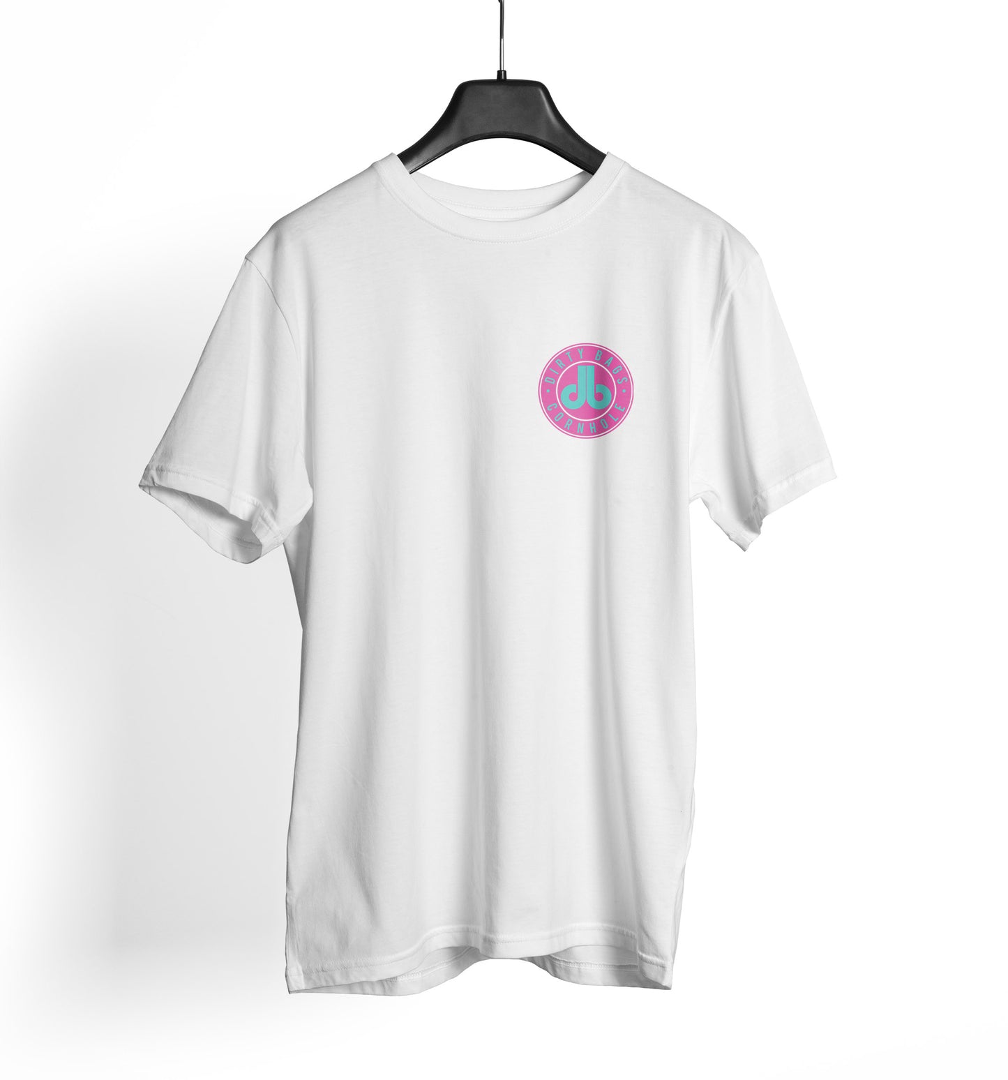 db Cornhole T Shirt - Pink and Turquoise db Badge