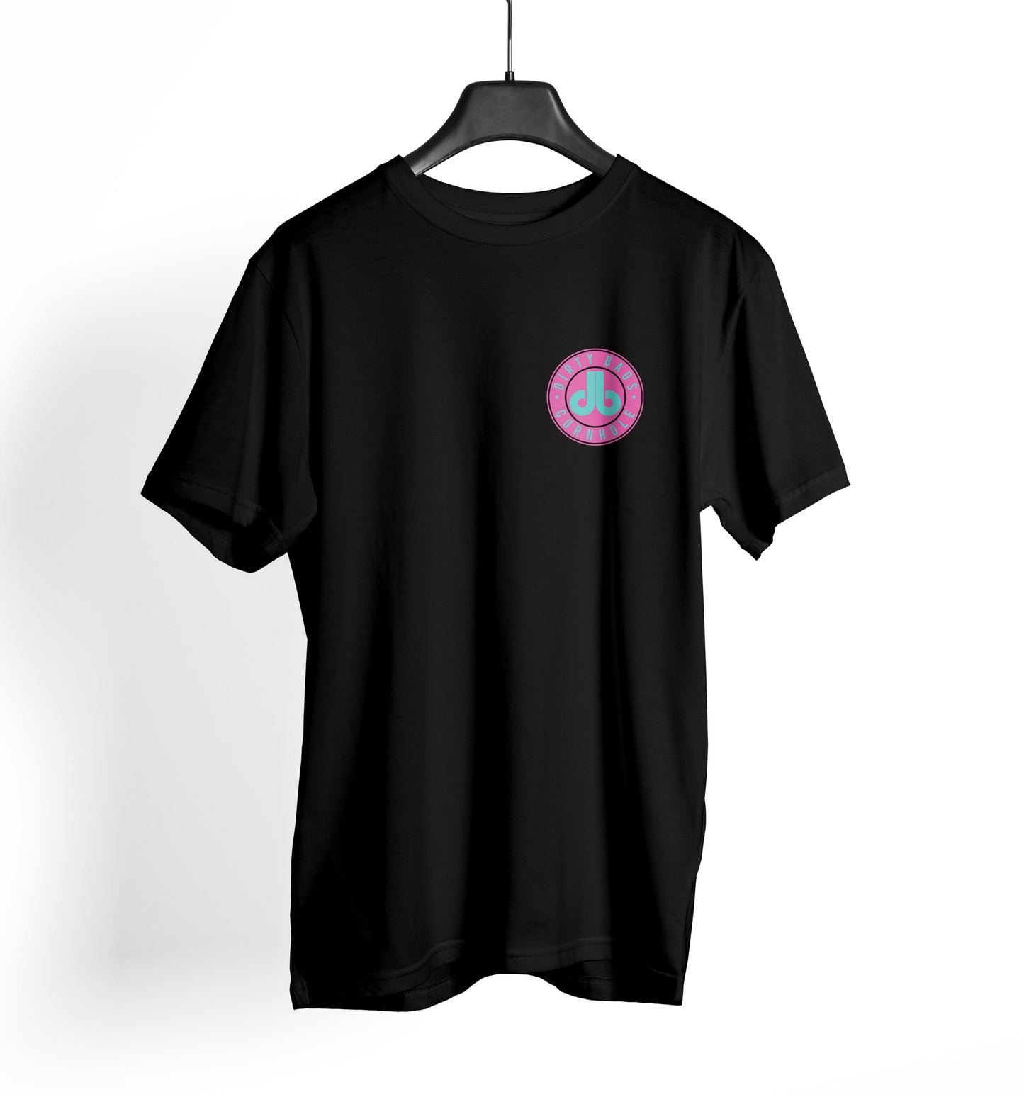 db Cornhole T Shirt - Pink and Turquoise db Badge