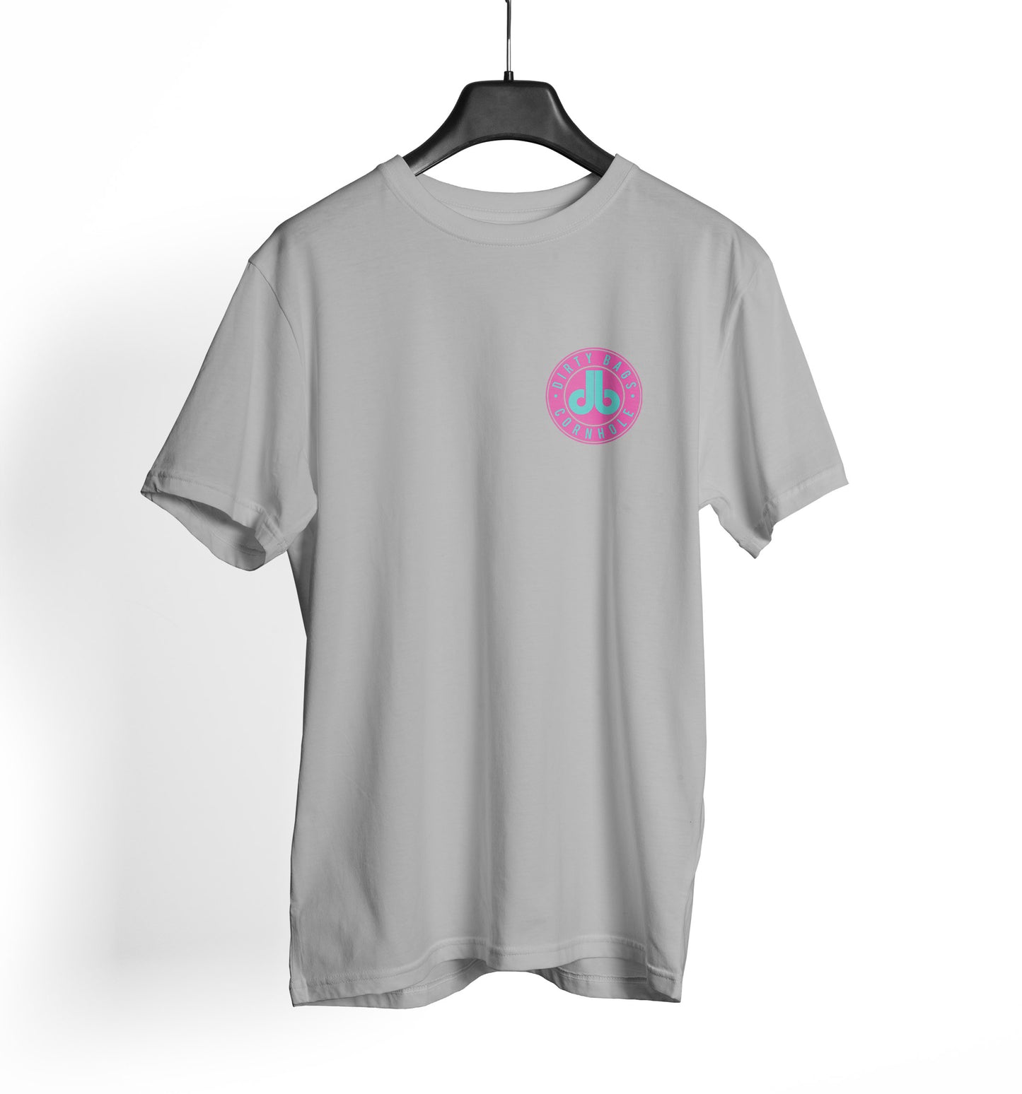 db Cornhole T Shirt - Pink and Turquoise db Badge