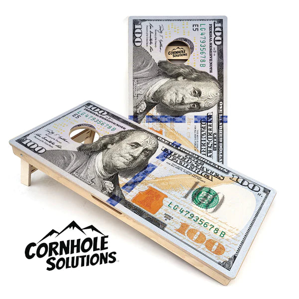 Quick Ship Cornhole Boards - $100 Bill Design