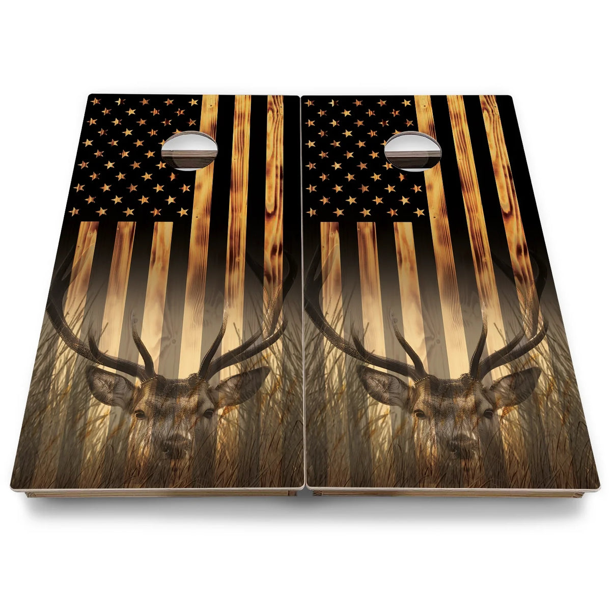 Hidden Deer & Fish Burnt Flag Cornhole Boards - Backyard Series
