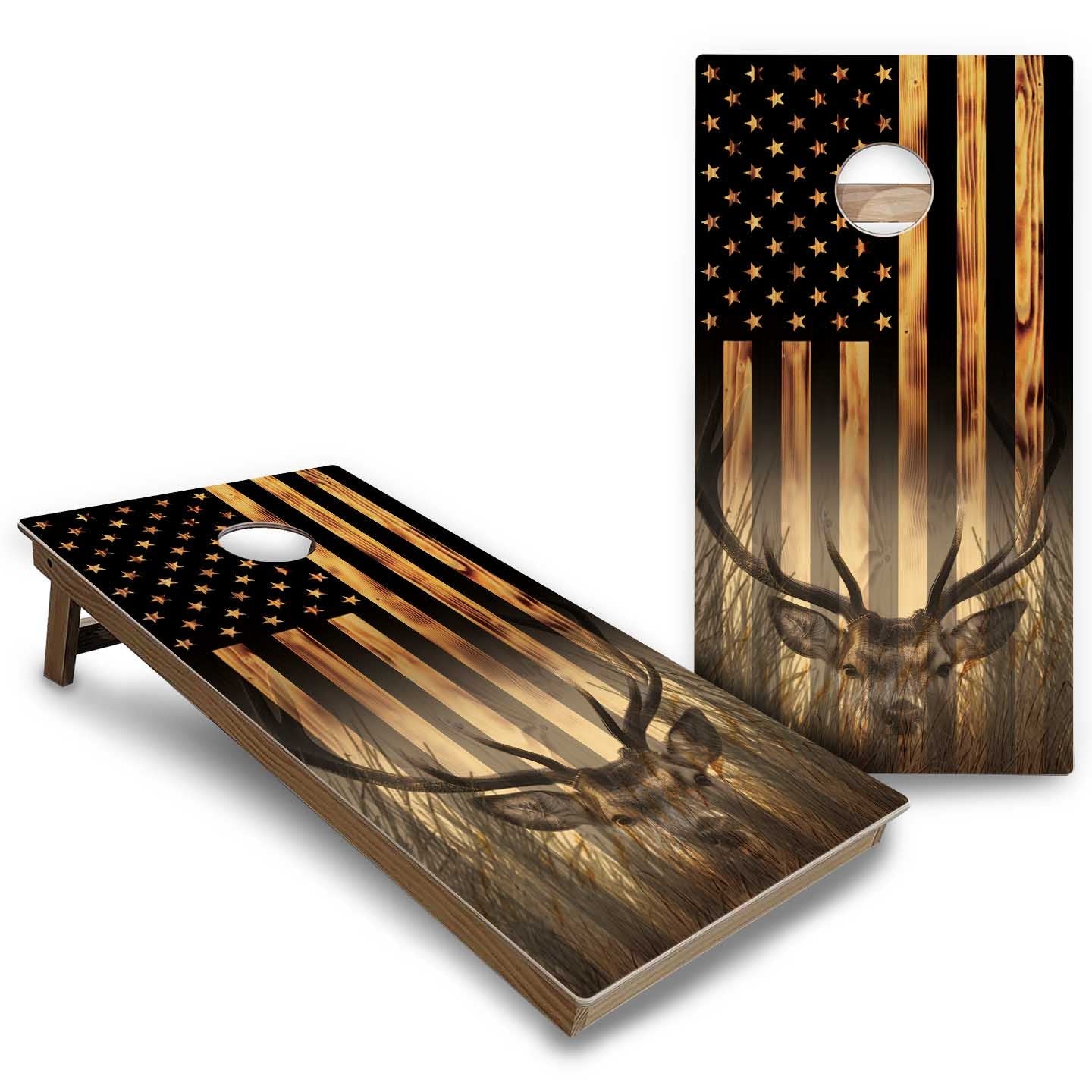 Hidden Deer & Fish Burnt Flag Cornhole Boards - Backyard Series