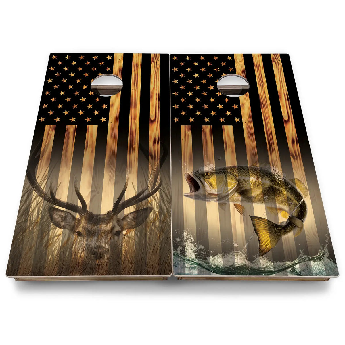 Hidden Deer & Fish Burnt Flag Cornhole Boards - Backyard Series