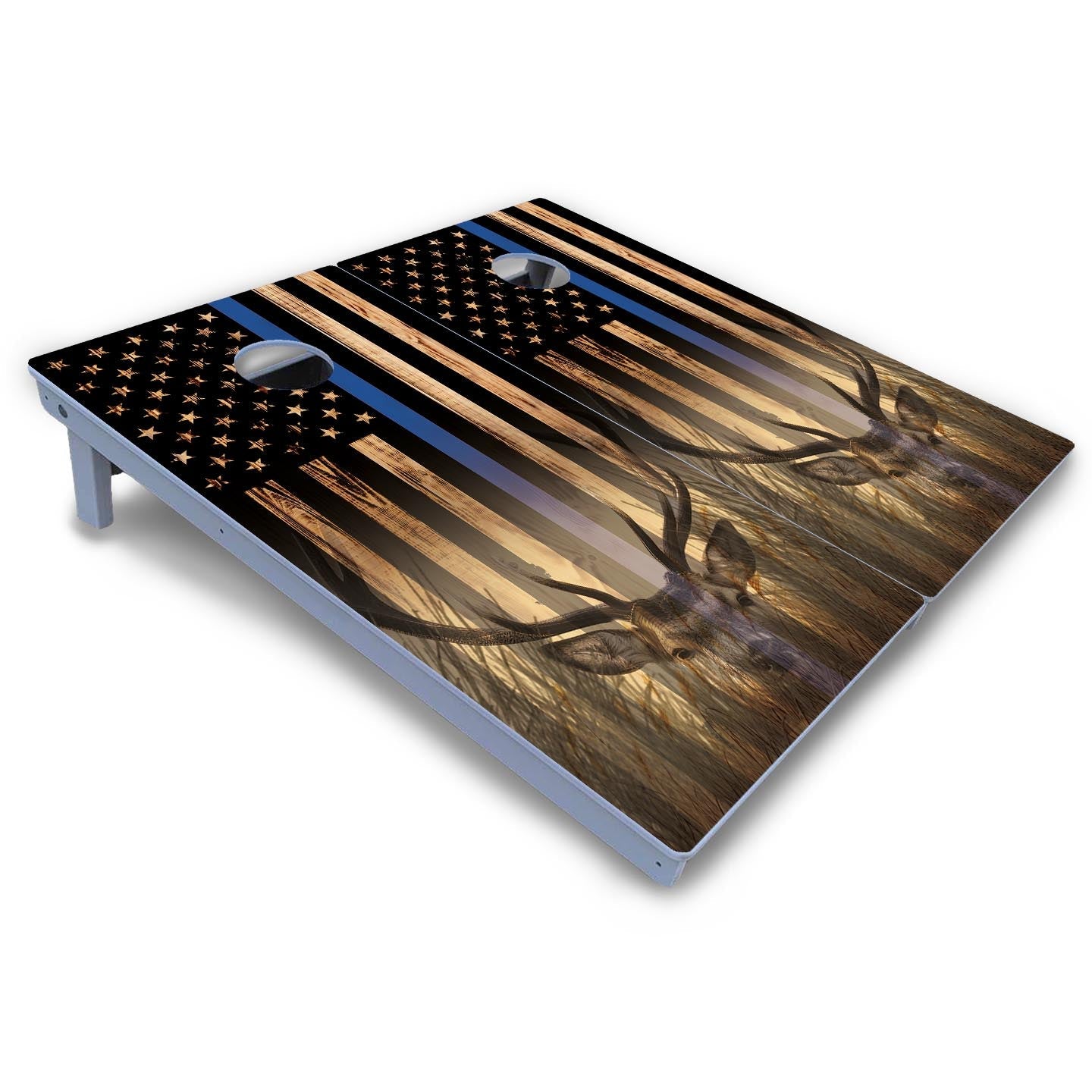 Blue & Red Line Deer & Fish Flag Cornhole Boards - All Weather Series