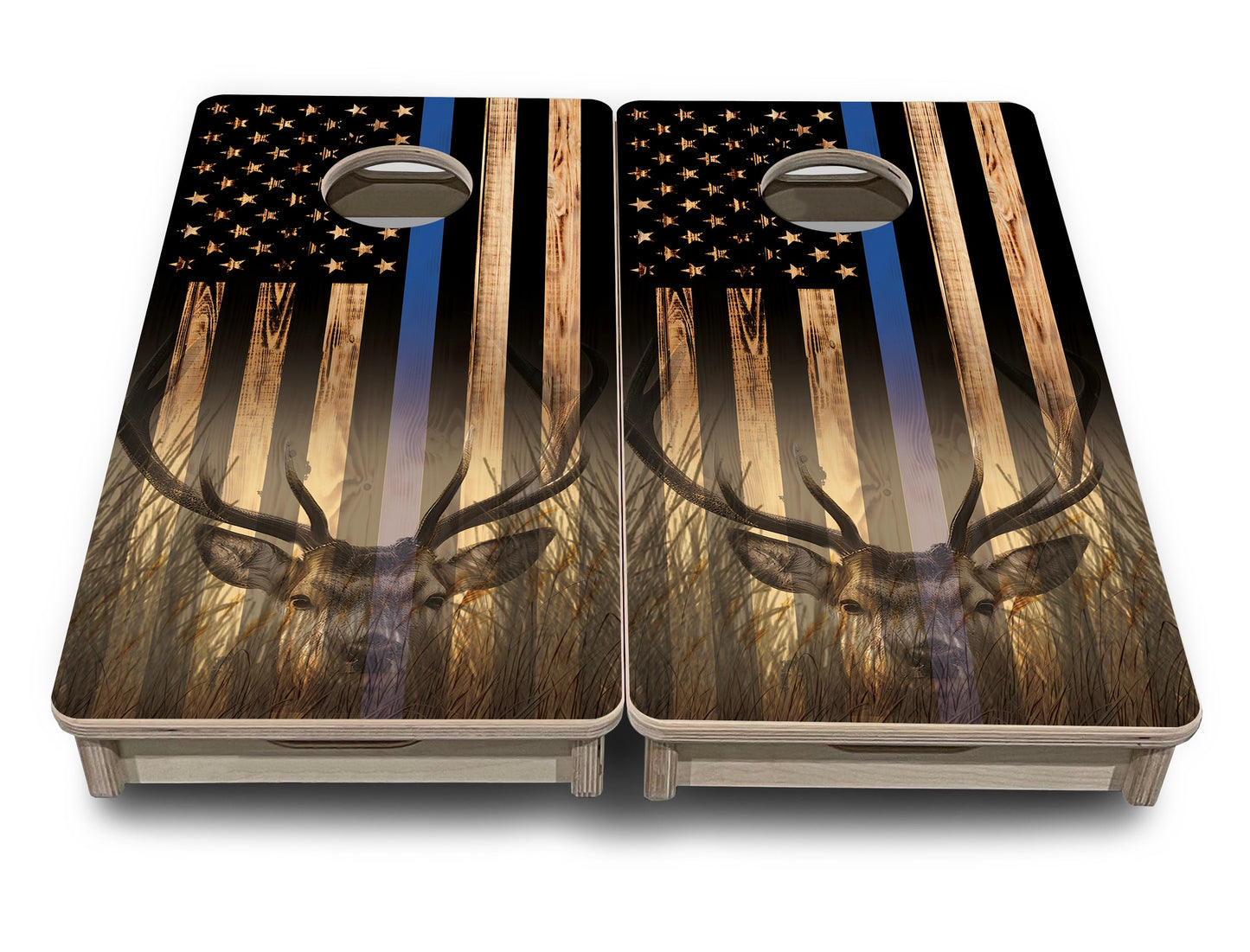 Mini Cornhole Boards - Blue & Red Line Deer & Fish Flag
