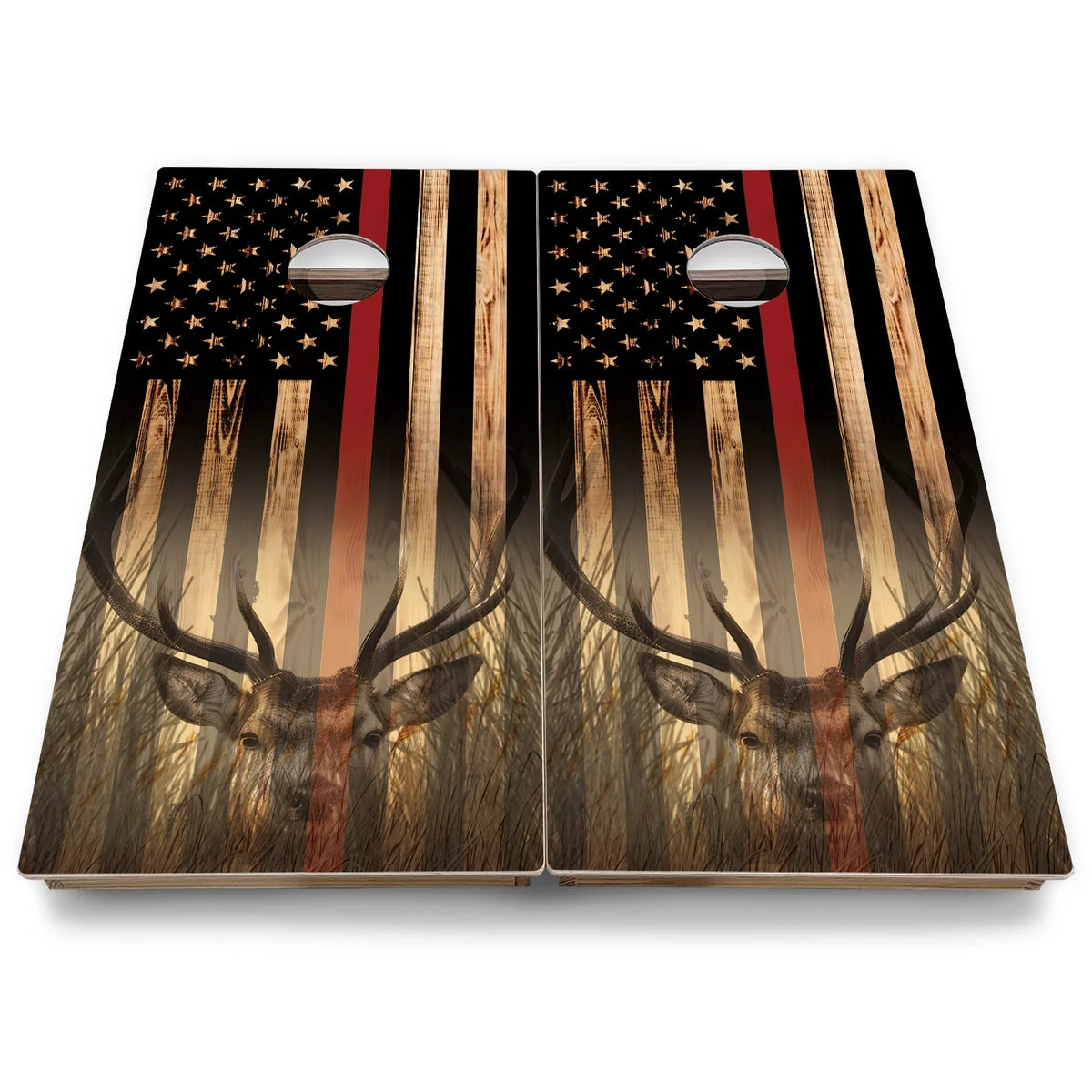Hidden Deer & Fish Burnt Flag Cornhole Boards - Backyard Series