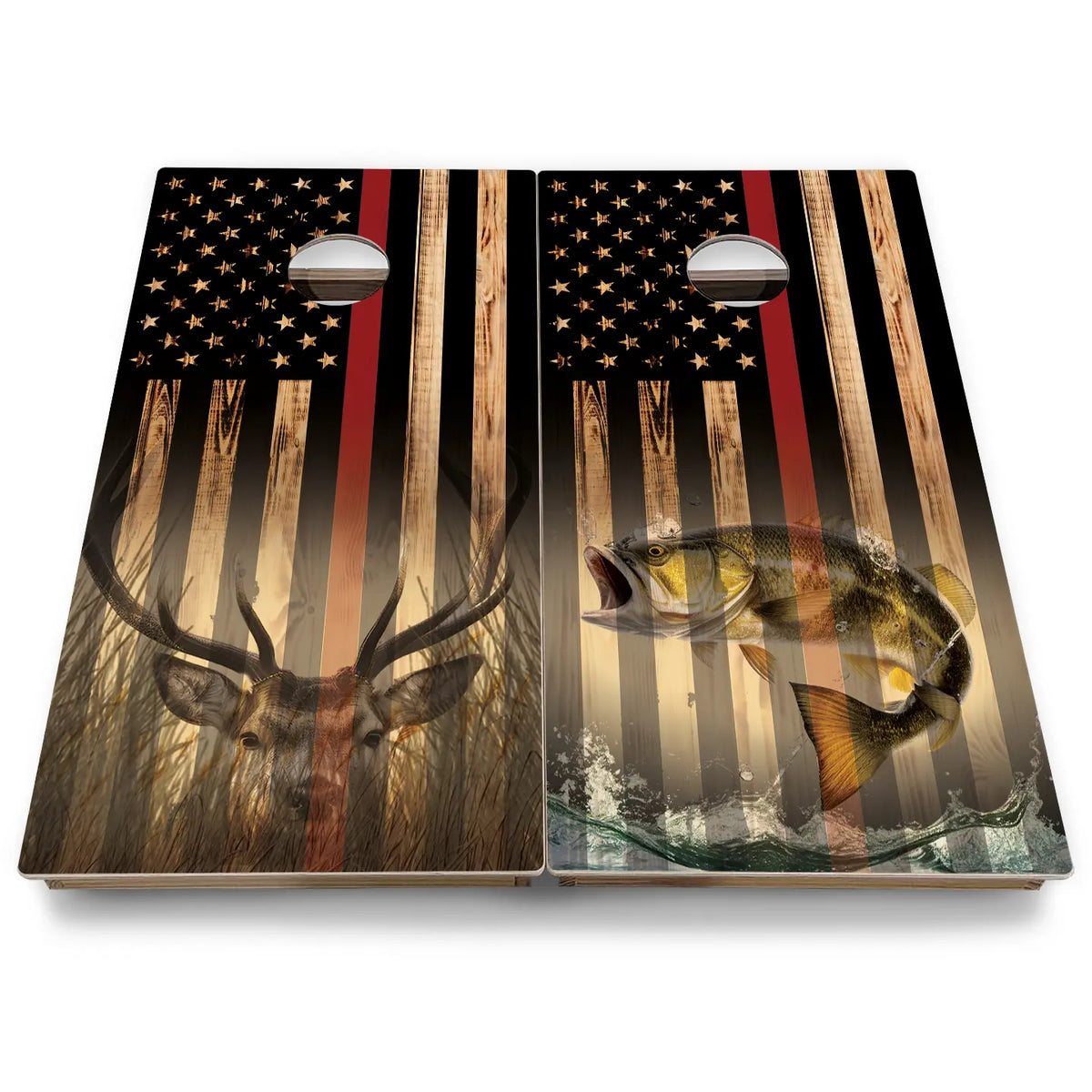 Hidden Deer & Fish Burnt Flag Cornhole Boards - Backyard Series