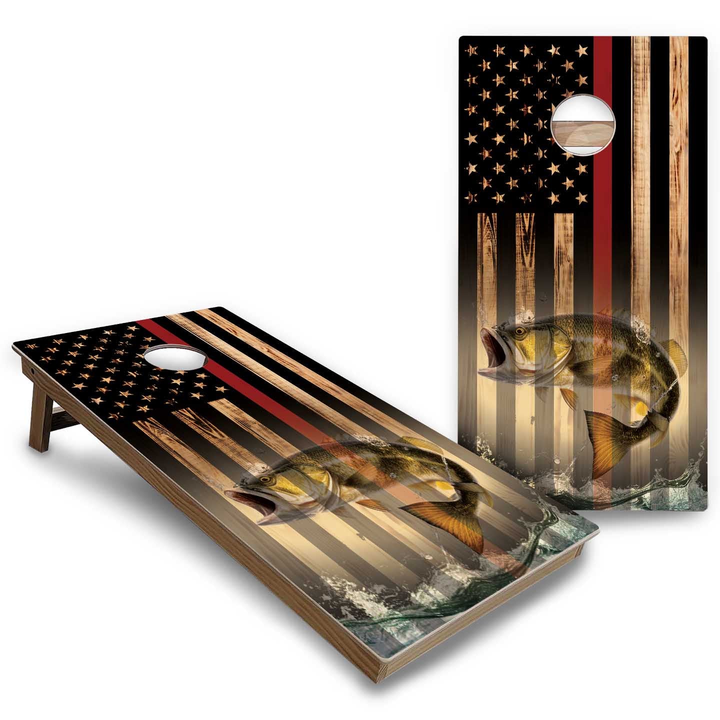 Hidden Deer & Fish Burnt Flag Cornhole Boards - Backyard Series